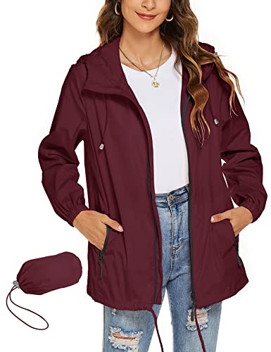 Avoogue Plus Size Rain Jackets Women Lightweight Waterproof Raincoat Packable Outdoor Hooded Windbreaker Wine Red 3XL