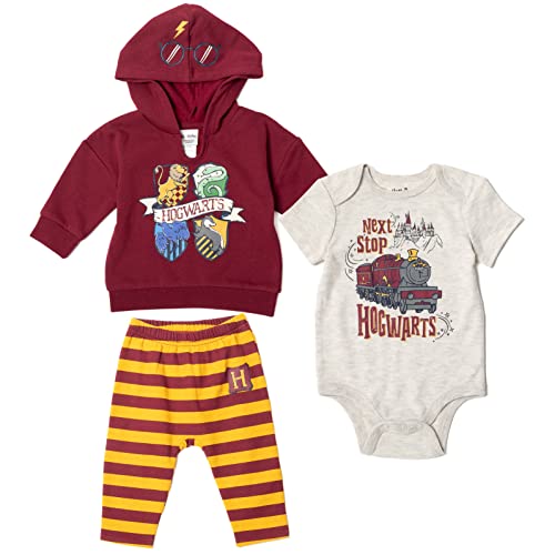 Harry Potter Gryffindor Hogwarts Baby Boys 3 Piece Outfit Set: Pants Bodysuit Hoodie Maroon 6-9 Months