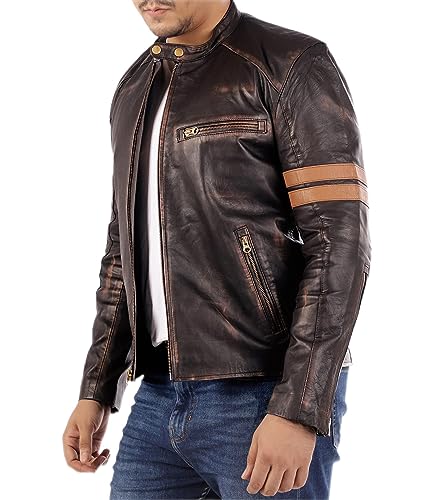 Jild Distressed Café Racer Brown Leather Jacket Men - Genuine Lambskin Leather Biker Style Mens Vintage Motorcycle Jacket