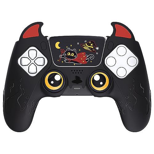 PlayVital Cute Demon Controller Silicone Case for ps5, Kawaii Controller Cover Gamepad Skin Protector for ps5 with Touch Pad Sticker & Thumb Grip Caps - Black