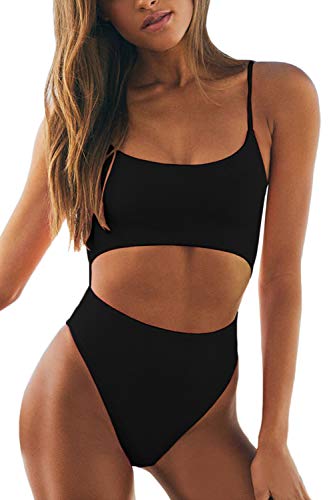 Meyeeka Women High Cut Swimsuit Push up Padded Strap One Piece Bathing Suit High Waist Monokini XL Black