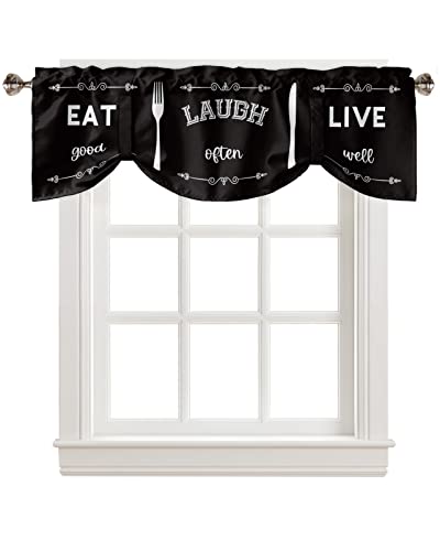 Tie Up Curtain Valance for Windows, Kitchen Elements Black Eat Good Laugh Often Live Well Window Treatment for Living Room Bedroom,Rod Pocket Kitchen Curtain Shades Adjustable Small Valance 42'x12'