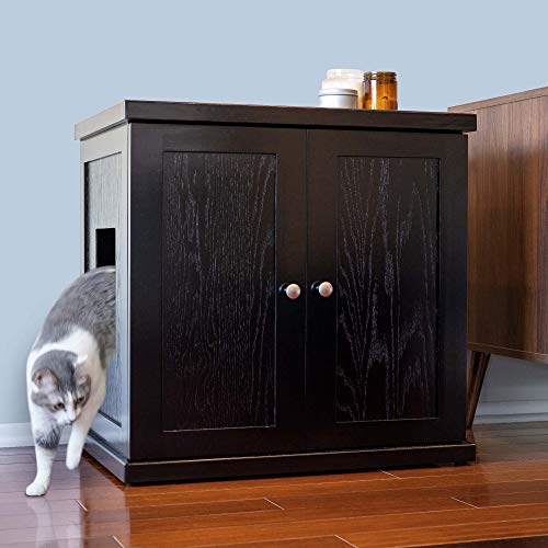 THE REFINED FELINE Cat Litter Box Enclosure Cabinet, Modern, Black Espresso, Adjustable Levelers, Large, Hidden Litter Cat Furniture with Drawer