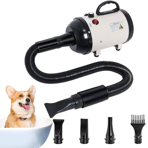 Dog Dryer for Large Dogs, 5.2HP 3500W High Velocity Pet Hair Dryers with Heater for Grooming, Spind Temperature Adjustable Pet Dryer Machine with 4 Nozzles Secadora Para Perro (Beige)