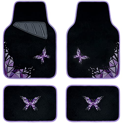 CAR PASS Universal Embroidery Geometric Butterfly Car Floor Mats with Heel Pad-Waterproof-Anti Slip Nibs,Purple Car Floor Mat Fit 95% Automotive,SUVS,Sedan,Vans,for Women,Girly(Purple Butterflies)