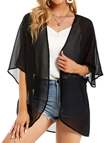 Women Kimono Chiffon Cardigans Swimsuit Cover Ups Hawaiian Blouse Pluz Size Tops Open Front Shirt(BK,4XL1)