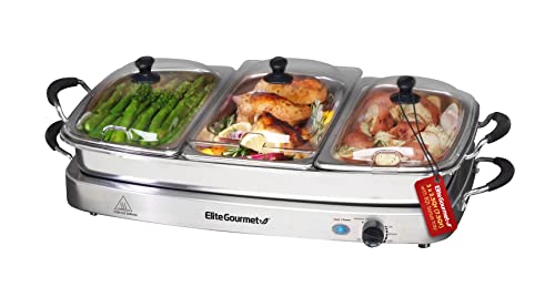 Elite Gourmet EWM-9933 Triple 3 x 2.5 Quart Trays Buffet Server 7.5 Qt Oven Safe Pan Food Warmer, Temperature Control, Clear Slotted Lids, Perfect for Parties, Entertaining & Holidays, Stainless Steel