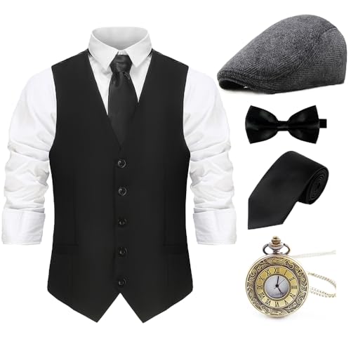 Gionforsy 1920s Mens Vest Accessories Gatsby Gangster Costume Accessories Set 20s Hat Suspenders Bow Tie Vintage Pocket Watch (Large, Black)