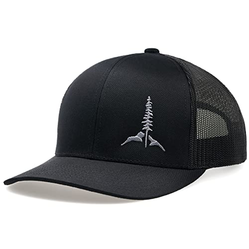 LARIX Trucker Hat - Tamarack Mountain, Black/Gray, NoSweat Hypoallergenic Hat Liner Included, Hats for Men hats