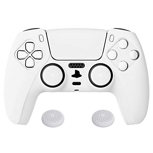 PlayVital White Pure Series Anti-Slip Silicone Cover Skin for ps5 Controller, Soft Rubber Case for ps5 Wireless Controller with White Thumb Grip Caps