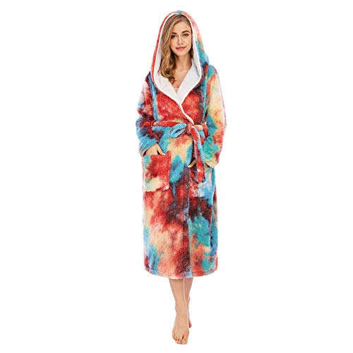 DEATU Women Tie-Dye Plush Flannel Long Robe with Hood and Pockets Fall Winter Thick Warm Soft Lounger Robe Home Clothes (Multicolor,XX-Large)