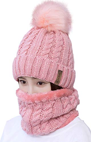 LCZTN Womens Pom Beanie Hat Scarf Set Girls Cute Winter Ski Hat Slouchy Knit Skull Cap with Fleece Lined