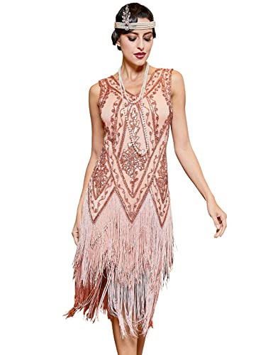 PrettyGuide Women's 1920s Flapper Dress Vintage Swing Fringed Cocktail Dress Rose Gold L