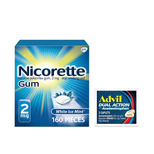 Nicorette 2 mg Nicotine Gum to Help Quit Smoking - White Ice Mint Flavored Stop Smoking Aid, 1-Pack, 160 Count, Plus Advil Dual Action Coated Caplets with Acetaminophen, 2 Count