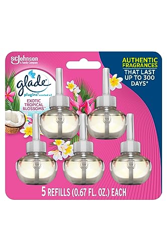 Glade PlugIns Refills Air Freshener, Scented and Essential Oils for Home and Bathroom, Exotic Tropical Blossoms, 3.35 Fl Oz, 5 Count