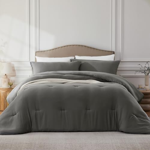 Quataly Queen Comforter Sets Grey,3PCS Soft Lightweight Breathable Bedding Comforter Sets for All Season, Queen Size(90''×90'' Comforter & 2 pillowcases)