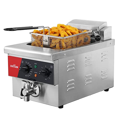 CROSSON 6L Electric Countertop Deep Fryer Extra Large with Drain,Timer,Basket and Lid for Restaurant Use 120V,1800W Commercial Deep Fryers