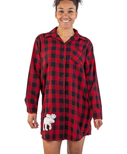Lazy One Button-Up Sleep Shirt, Nightshirts for Women, Animal-Themed Designs (Moose Plaid, L/XL)