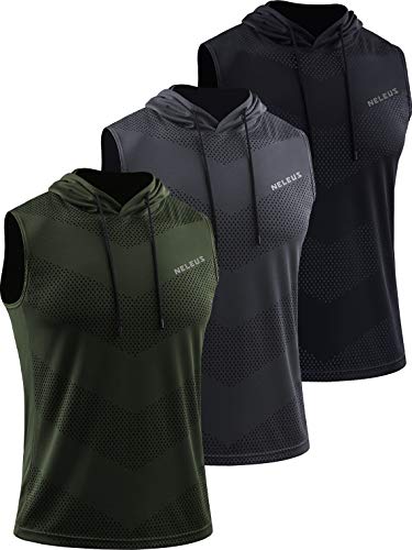NELEUS Men's Workout Tank Tops Sleeveless Running Shirts with Hoodie,5098,3 Pack,Black/Grey/Olive Green,L