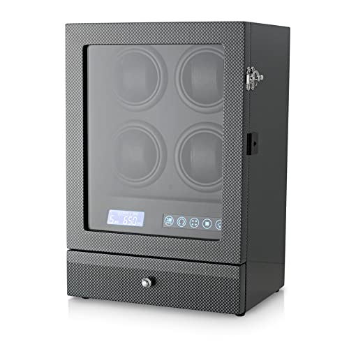 4 Watch Winder with LED Backlight, Watch and Jewelry Storage Drawer, LCD Display and Remote Control (Carbon + Black)