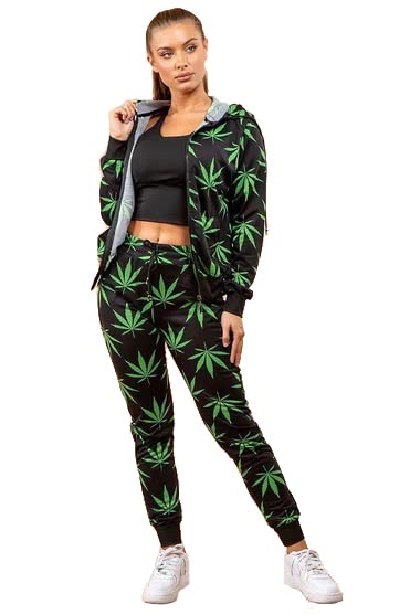 SOHO GLAM Weed Print Zip Up Hoodie With Matching Joggers - (Black/Green, Medium)