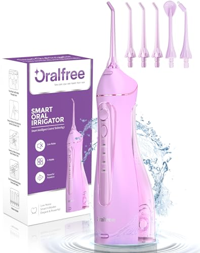 Water Dental flosser for Teeth Cleaning - Oralfree Braces Care, Cordless Portable Rechargeable Oral Irrigator 4 Modes 5 Tips IPX7 Waterproof Powerful Battery Water Teeth Cleaner Pick for Home Travel