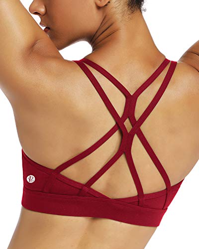 RUNNING GIRL Strappy Sports Bra for Women Sexy Crisscross Back Light Support Yoga Bra with Removable Cups (WX2310.Wine Red, L)