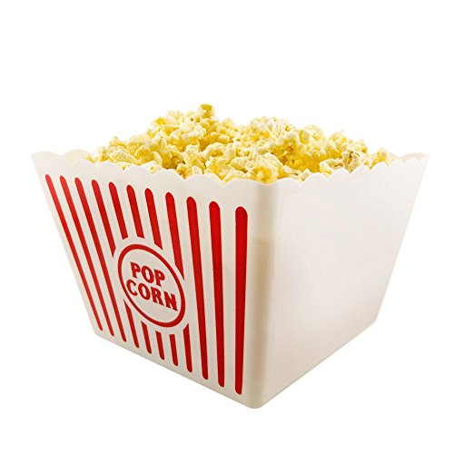 NOVELTY PLACE] Plastic Red & White Striped Classic Popcorn Containers for Movie Night - 8' Square x 7' Deep (1 Pack)