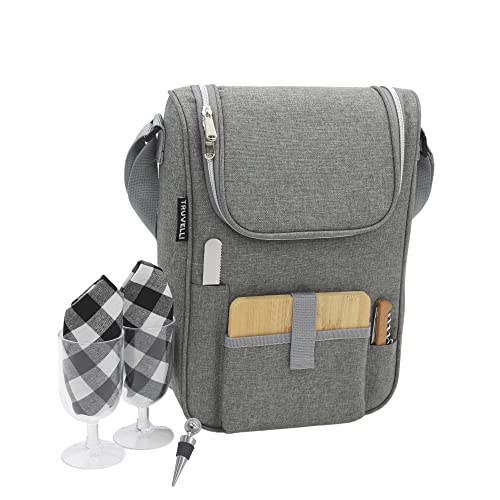 Premium Wine Bag, Insulated 2 Bottle Wine Carrier Tote, Wine and Cheese Cooler Bag, Great Gifts for Wine Lovers (Heather Grey)