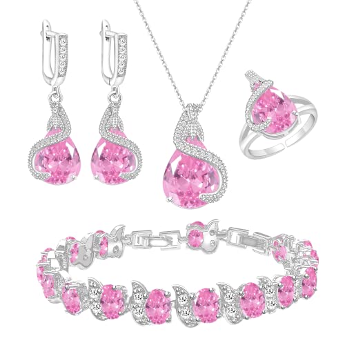 GZWHD Pink Stone Jewelry Set for Women Water Drop Necklace Earrings Open Ring Bracelet Set Birthday Engagement Valentine's Day Gifts for Girls Mother Friends