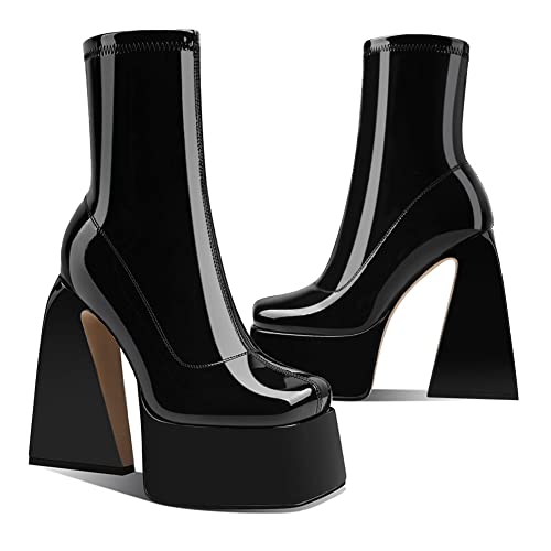 Uacllcau Platform Boots for Women Mid Calf Boots Square Toe Chunky High Heel Boots Side Zipper Ankle Booties