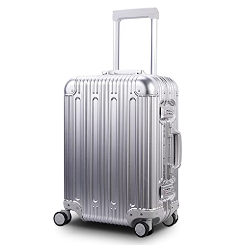 TRAVELKING All Aluminum Carry On Luggage with TSA Locks Fashion Cool Metal Hard Shell Spinner Suitcase (Silver, 20 Inch)…