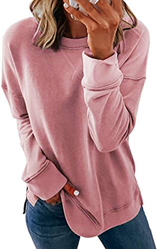 Smile Fish Women's Crewneck Sweatshirt Long Sleeve Side Split Tunic Tops Relaxed Fit Fall Shirts Cotton Blend Pink,L