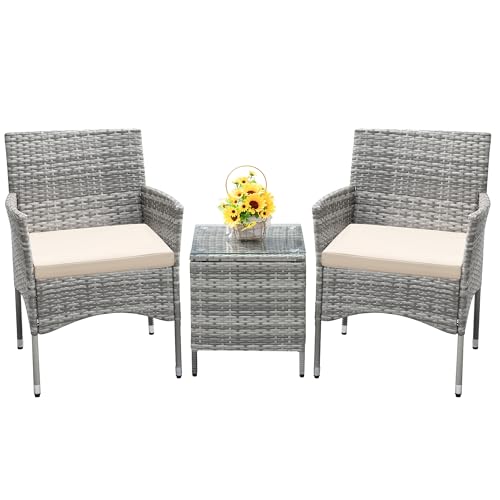 Devoko 3 Pieces Patio Furniture Sets Clearance PE Rattan Wicker Chairs with Table Outdoor Garden Porch Furniture Sets (Light Grey)