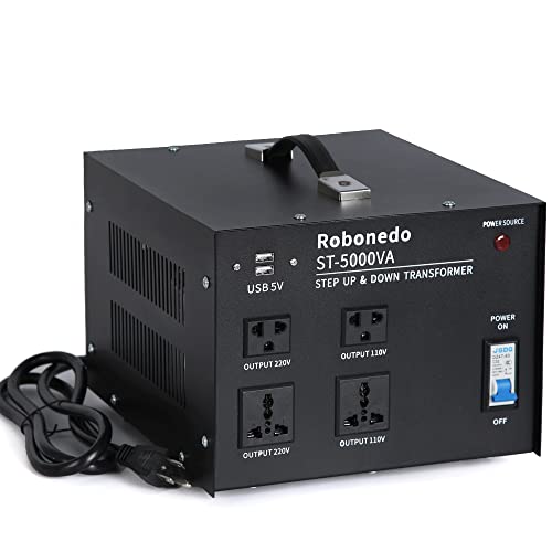 Robonedo 5000W Step Up & Down Transformer 110V to 220V / 220V to 110V, 5000 Watt Voltage Converter Transformer - Heavy-Duty Step Up/Down Power Converter Transforms with 2 DC 5V USB Ports, 4 Sockets