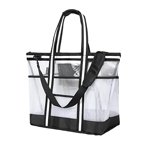 Vulken 42L Extra Large Mesh Beach Bag. 9 Pockets Top Zip Tote Bag Shoulder Bag. (Black&White)