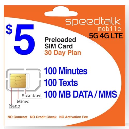 SpeedTalk Mobile $5 Prepaid Wireless Pay Go Plan for Smartphones & Cellphones | 5G 4G LTE | 100 Talk, 100 Text, 100 MB Data |Triple Cut (Mini,Micro,Nano) Sim Card | No Contract | 30-Day Service