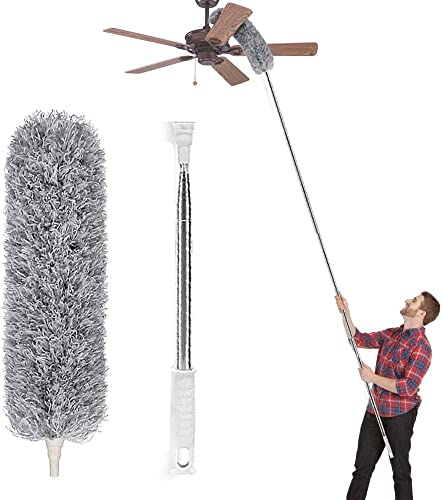 LOMID Microfiber Duster with Extension Pole(Stainless Steel), Extra Long 100 inches, with Bendable Head, Extendable Duster for Cleaning High Ceiling Fan, Interior Roof, Cobweb, Gap Dust Wet or Dry