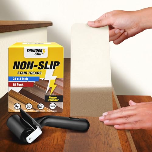 THUNDER GRIP 18-Pack Clear Non-Slip Stair Treads for Wooden Steps - 24'x4' Self Adhesive Strips Indoor - Transparent