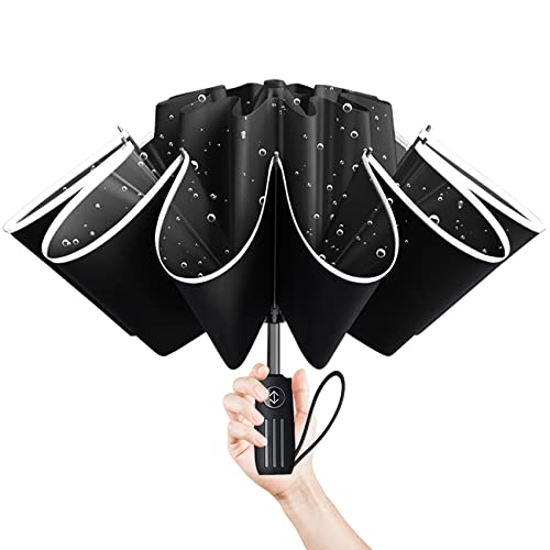 Moorrlii Foldable Reverse Travel Umbrella, 10 Ribs Inverted Umbrella with Reflective Stripe, Large Umbrellas for Rain Windproof - Easy Automatic Open & Close, Car Umbrella, Golf Umbrella, Folding
