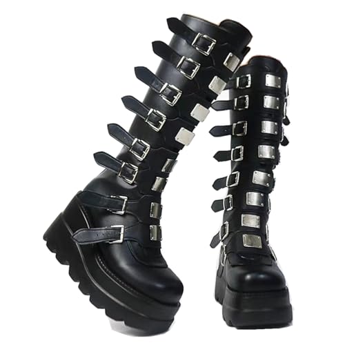 Gothniero Platform Boots Black Goth Boots Knee High Chunky Heel Gothic Holographic Booties Women Combat Motorcycle Boots with Buckles US5-11