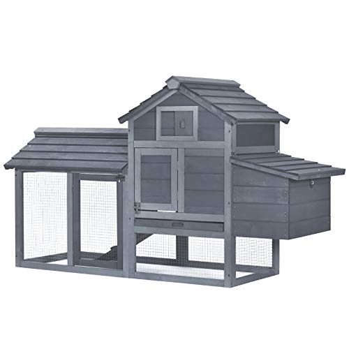 PawHut 59' Small Wooden Chicken coop Hen House Poultry Cage for Outdoor Backyard with 2 Doors, Nesting Box and Removable Tray, Gray