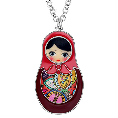 WEVENI Enamel Alloy Russian Matryoshka Doll Necklace Pendant Chain Novelty Jewelry Gifts for Women Girls Ladies (Red)