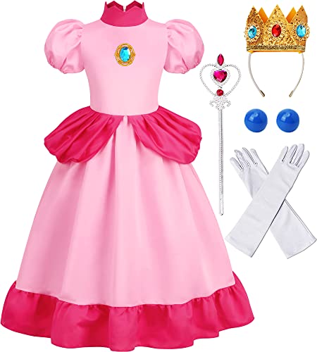 CONGRU Princess Peach Costume for Girls, Super Brothers Kids Princess Peach Dress with Accessories Halloween Cosplay Dress Up (5-6Years)…