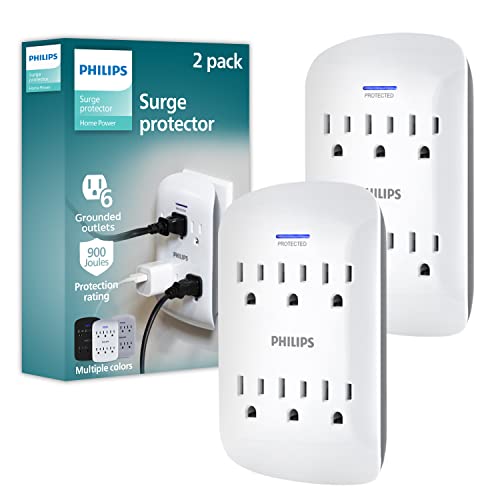 Philips Philips 6-Outlet Extender Surge Protector, 2 Pack, Wall Tap, 900 Joules, 3-Prong, Space Saving Design, Protection Indicator LED Light, ETL Listed, White, SPP3466WA/37