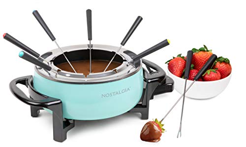 Nostalgia 12-Cup Electric Fondue Pot Set for Cheese & Chocolate - 8 Color-Coded Forks, Adjustable Temperature Control - Stylish Serving for Hors d'Oeuvres, Entrees, and Desserts - Aqua