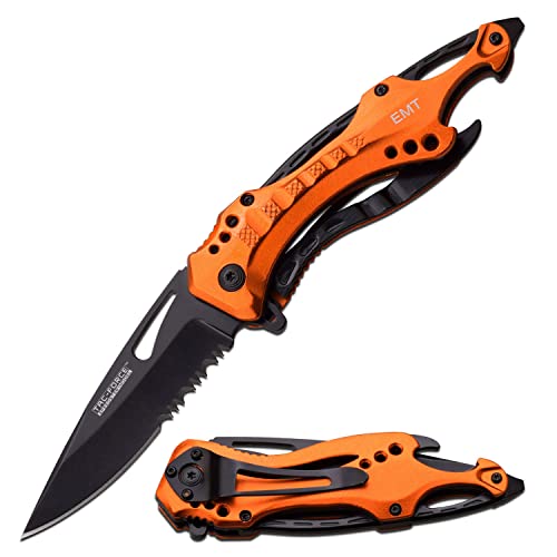 TAC Force Spring Assisted Folding Pocket Knife – Black Stainless Steel Blade with Orange Aluminum Handle, Bottle Opener, Glass Punch and Pocket Clip, Tactical, EDC, Rescue - TF-705EM