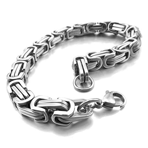 INBLUE 8mm Wide 316L Stainless Steel Bracelet Byzantine Link Chain Bracelet for Men Women Boys Water Resistance (Color - Silver, Length - 9.0 Inch)