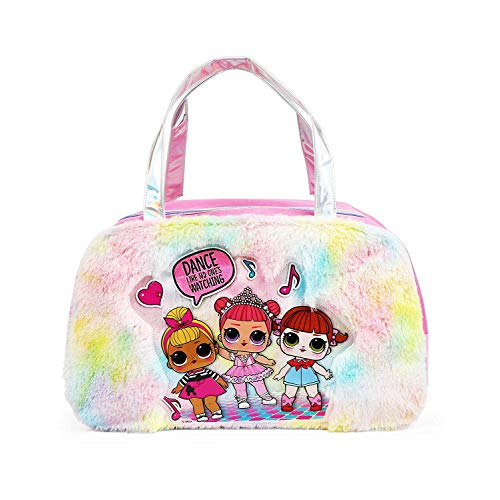 LOL Duffel Bag for Dance, Travel, Sports, or Gymnastics – 18 x 9.5 x 6.5 inches, Rainbow Faux Fur