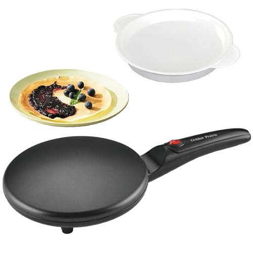 Golden Prairie 8' Griddle Crepe Maker, Non-Stick Electric Crepes Pan, Auto Thermostat Control, Handheld Long Handle, W/Batter Bowl, Portable Breakfast Maker for Pancake, Blintz, Chapati, Tortilla